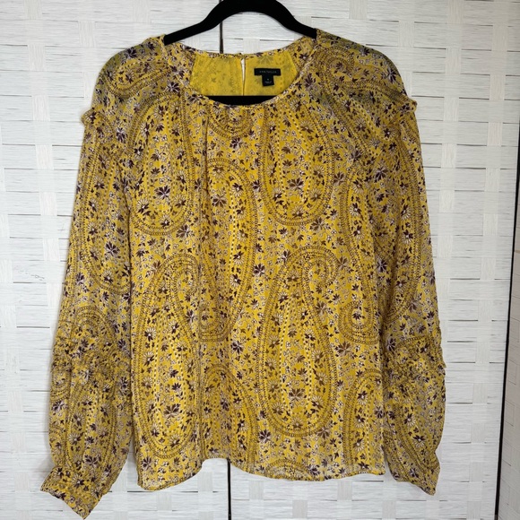 Ann Taylor Tops - Ann Taylor Yellow Maroon Paisley Ditzy Floral Ruffle Long Sleeve Top Size Med